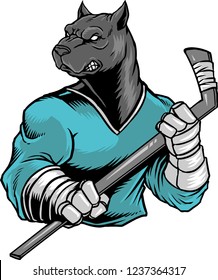 The illustration shows a bulldog that plays hockey. He is wearing a green hockey jersey and he's holding a hockey stick . The bulldog face's expressing anger and aggressiveness.