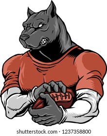 The illustration shows a bulldog that's playing rugby.He's strong, he has an athletic body shape and he's wearing a uniform. The bulldog is ready to throw the rugby ball. 