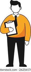 Illustration shows a businessman standing and holding a clipboard wearing an orange shirt and black tie in a minimalist style, conveying professionalism and clarity. Calm mood.