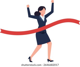 A ilustração mostra uma mulher de negócios em um terno cruzando uma fita vermelha da linha de chegada com braços levantados, simbolizando a realização e o sucesso em um cenário profissional. Humor motivador.