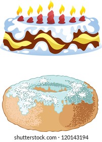 The illustration shows a cake with candles and a sweet donut on separate layers.