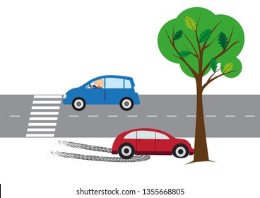 The illustration shows a car accident on the road. 