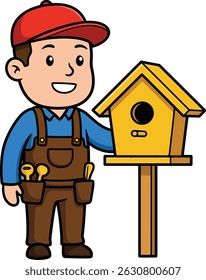 Illustration shows a carpenter wearing a red cap and blue shirt holding a wooden birdhouse. Tools are visible in his pockets. The mood is friendly and constructive.
