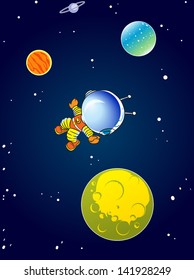 The illustration shows a cartoon astronaut in outer space against the background of stars and planets. On separate layers.