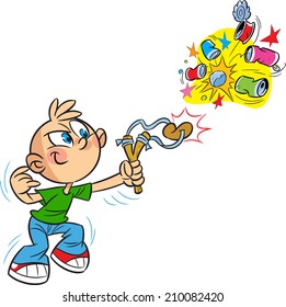 The illustration shows cartoon boy bully, who shoots a slingshot in empty cans. Illustration done on separate layers.