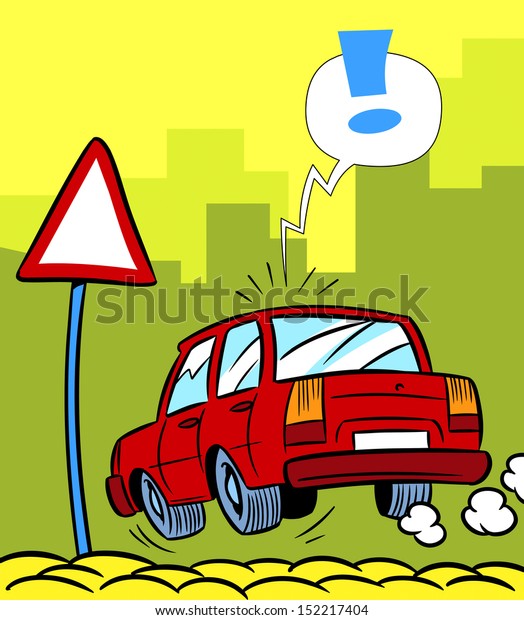 The illustration shows a cartoon car near a road\
sign on the street.