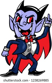 The illustration shows a cartoon character, Dracula. He wears a fancy suit and he is dancing. Dracula seems to be in a very good mood. 