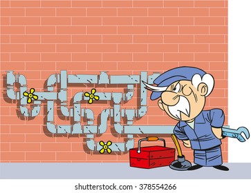 The illustration shows the cartoon elderly plumber in overalls near the water pipe. He stands against the backdrop of a brick wall with a wrench in his hand.