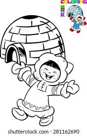 
The illustration shows cartoon Eskimo in traditional dress on the background of the igloo. Illustration made in black outline for coloring book, on separate layers.