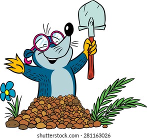 
The illustration shows cartoon funny mole with a shovel that digs dwelling in the soil