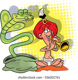 The illustration shows the cartoon hindu who plays a musical instrument in front of the snake