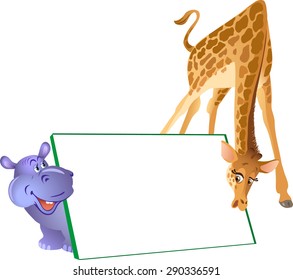 
The illustration shows cartoon hippo and giraffe on the background of the poster. Illustration done on separate layers, isolated on a white background, has room for text.