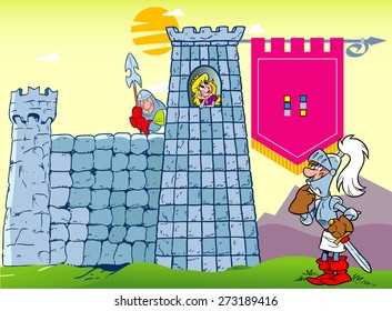 The illustration shows a cartoon knight in armor near the medieval castle, which houses a lovely princess.