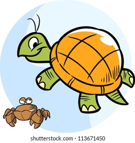 The illustration shows cartoon turtle and funny crab. Illustration done on separate layers.