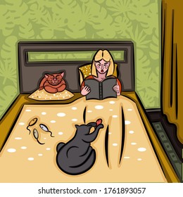 The illustration shows cats playing and a girl reading a book before going to bed.