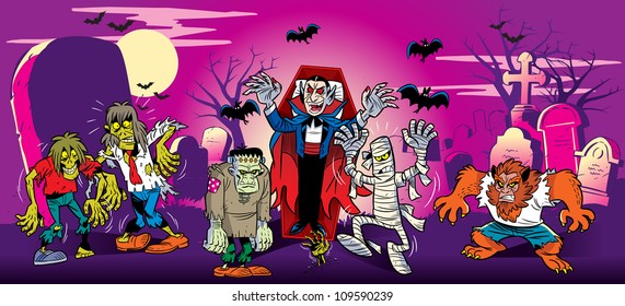 The illustration shows cemetery on the night of Halloween. Emerged from their graves the ghosts, vampires, werewolves. They go against the backdrop of headstones and crosses,  in the sky bats.