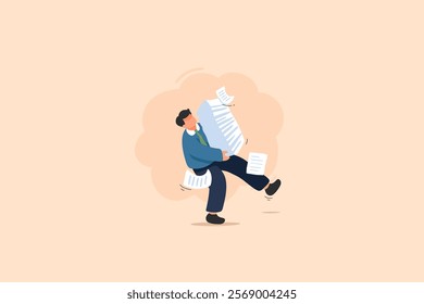 An illustration shows a character overwhelmed by a large stack of papers, highlighting workplace stress and paperwork challenges. The playful, productivity, office life, and work struggles.