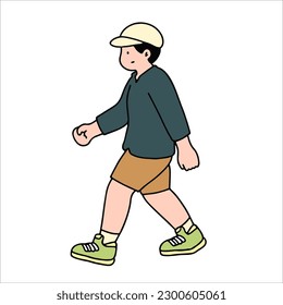 An illustration shows characters of people walking down the street. Young man are depicted in a side view, walking while isolated on a white background.