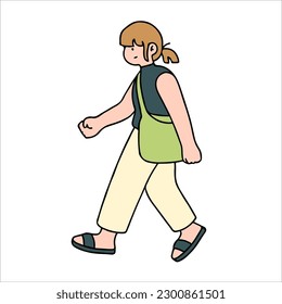 An illustration shows characters of people walking down the street. Young woman are depicted in a side view, walking while isolated on a white background.