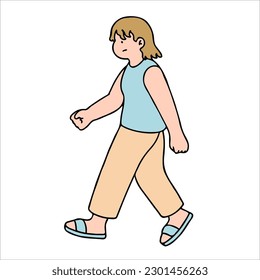 An illustration shows characters of people walking down the street. Young woman are depicted in a side view, walking while isolated on a white background.