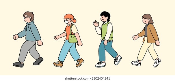 An illustration shows characters of people walking down the street. Young girls and men are depicted in a side view, walking while isolated on a white background.