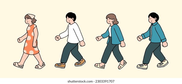 An illustration shows characters of people walking down the street. Young girls and men are depicted in a side view, walking while isolated on a white background.