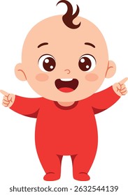 Illustration shows a cheerful baby wearing a red onesie, smiling widely and pointing with both hands. The baby has a small curl of hair and bright eyes. Cheerful mood.