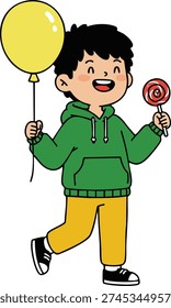 Illustration shows a cheerful boy walking while holding a yellow balloon and red lollipop. He wears a green hoodie, yellow pants, and black sneakers. The scene feels joyful and playful.