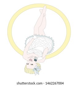 The illustration shows a cheerful bride who is lying upside down and holding a smartphone. In the background is a ring. This picture can be used for invitations to a bachelorette party.