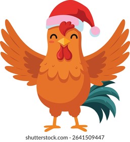 Illustration shows a cheerful rooster wearing a red Christmas hat with open wings, symbolizing holiday spirit and joy in a colorful, festive style. Cheerful mood.