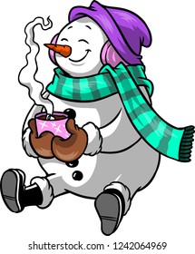 The illustration shows a cheerful snowman that drinks a hot chocolate.
He wears a purple hat, a green scarf, brown gloves and a pair of black boots. 