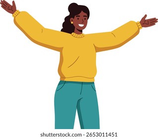 Illustration shows a cheerful woman with dark skin and curly hair wearing a yellow sweater and blue pants standing with arms wide open in a welcoming gesture, bright mood.