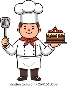 Illustration shows a chef in white uniform holding a chocolate cake topped with cherries and a spatula, smiling confidently in a clean cartoon style. Cheerful mood.