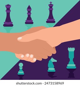 The illustration shows chess pieces and a handshake
