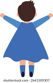 Illustration shows a child from behind wearing a blue cape and raising arms while jumping, conveying energy and imagination in a playful mood.