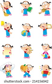 The illustration shows a child in different poses. This funny cartoon girl. Illustration can be used as a design element for cards, comic books. Achieved in isolation on a white background.