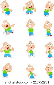 The illustration shows a child in different poses and emotions. This funny cartoon boy Illustration can be used as a design element for cards, comic books. Achieved in isolation on a white background