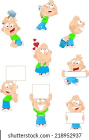 The illustration shows a child in different poses and emotions. This funny cartoon boy Illustration can be used as a design element for cards, comic books. Achieved in isolation on a white background