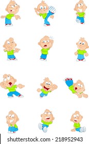 The illustration shows a child in different poses and emotions. This funny cartoon boy Illustration can be used as a design element for cards, comic books. Achieved in isolation on a white background 