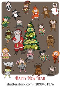 The illustration shows children in carnival costumes with Santa Claus and a Christmas tree. It can be used as a holiday card or invitation card.