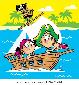 The illustration shows the children play in the visionary pirates. They swim on the military  ship in the sea. Illustration done in cartoon style.