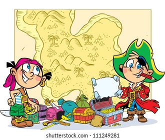 The illustration shows children playing pirates. Boy and girl in pirate clothes are on the background map . Next to them are the chest and attributes.