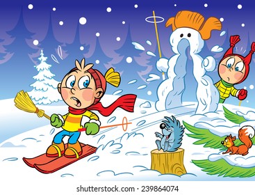 The illustration shows children skiing down the hills in the winter and snowman. Illustration done in cartoon style.