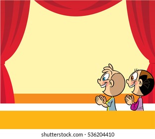 The illustration shows the children in the theater on the background of the scene