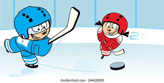 The illustration shows children, who play hockey on ice stadium. Illustration done in cartoon style, on separate layers. 
