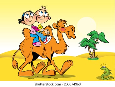 The illustration shows children, who ride on a camel. They travel through the desert.  Illustration done on separate layers.