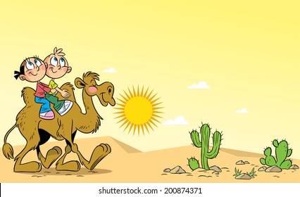 The illustration shows children, who ride on a camel. They travel through the desert.  Illustration done on separate layers.