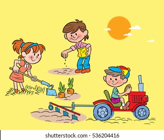 The illustration shows children working in the garden with different tools