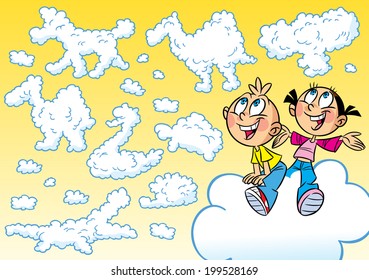 The illustration shows the children's fantasy game. They fly on the clouds, which are represented in the images of various animals.