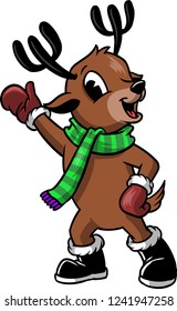 The illustration shows a Christmas reindeer. He wears a green scarf, a pair of brown gloves and a pair of black boots. He looks joyful  and ready for some snow adventures. 